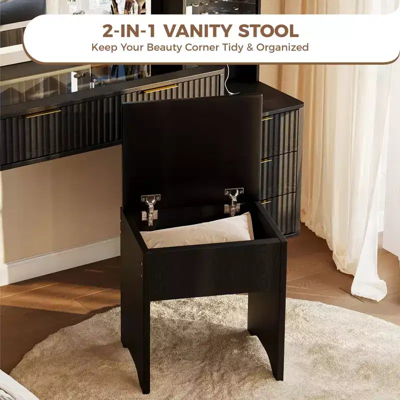 48 Fluted Makeup Vanity Desk with Mirror & LED Lights, Charging Station, Cushioned Storage Stool for Bedroom