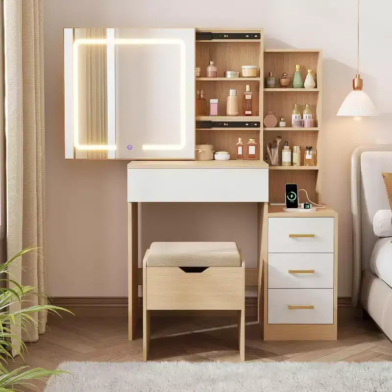 DobleePy Modern Vanity Desk with Sliding Mirror & LED Lights, 4 Drawers, 7 Shelves, Charging Station & Stool, Makeup Dressing Table for Bedroom