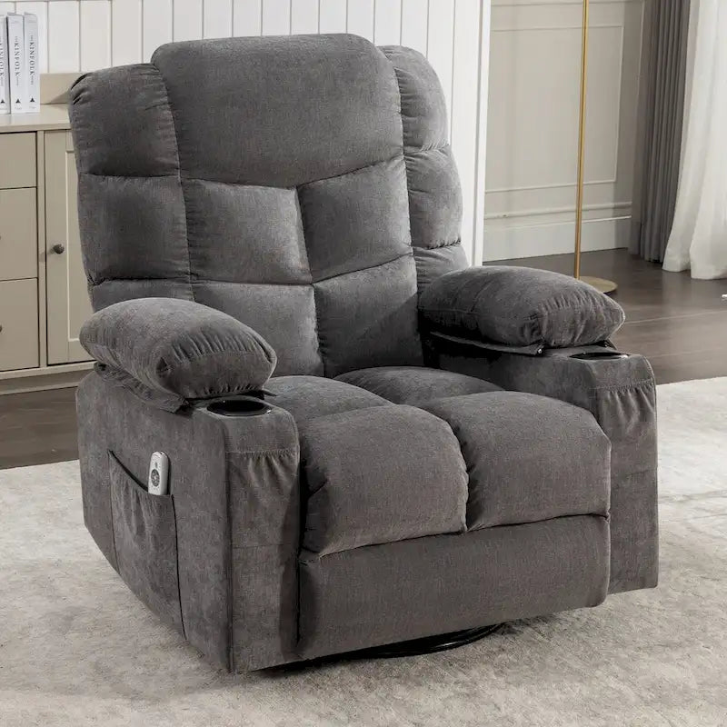 Grey Oversized Recliner with Heat and Massage, 150 Recline, 30 Rocking, USB Charging, and 2 Cup Holders