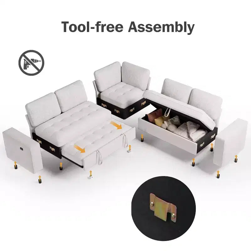 Dyonery 7-Seat Modular Sectional Sleeper Sofa with Pull-Out Bed, Reclining Backrest, USB Ports, Table, LED Lights & Storage Seats
