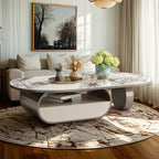 Contemporary Unique Marble Top Oval Coffee Table with Drawer