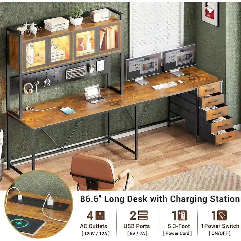 L Shaped Gaming Desk Computer Desk Pegboard 5 Drawers Storage Shelf