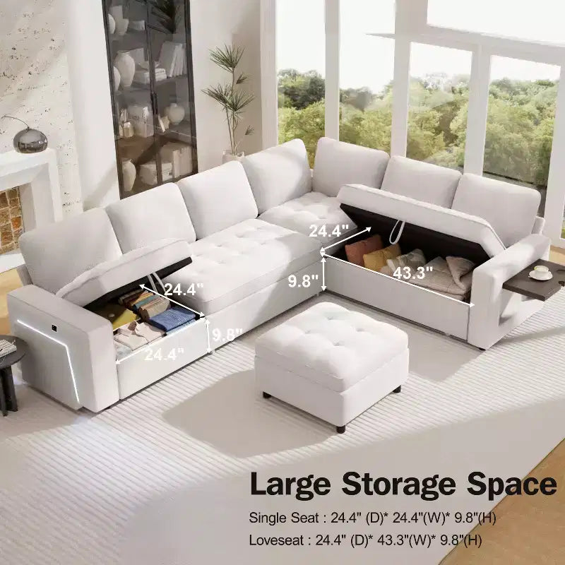 Dyonery 7-Seat Modular Sectional Sleeper Sofa with Pull-Out Bed, Reclining Backrest, USB Ports, Table, LED Lights & Storage Seats