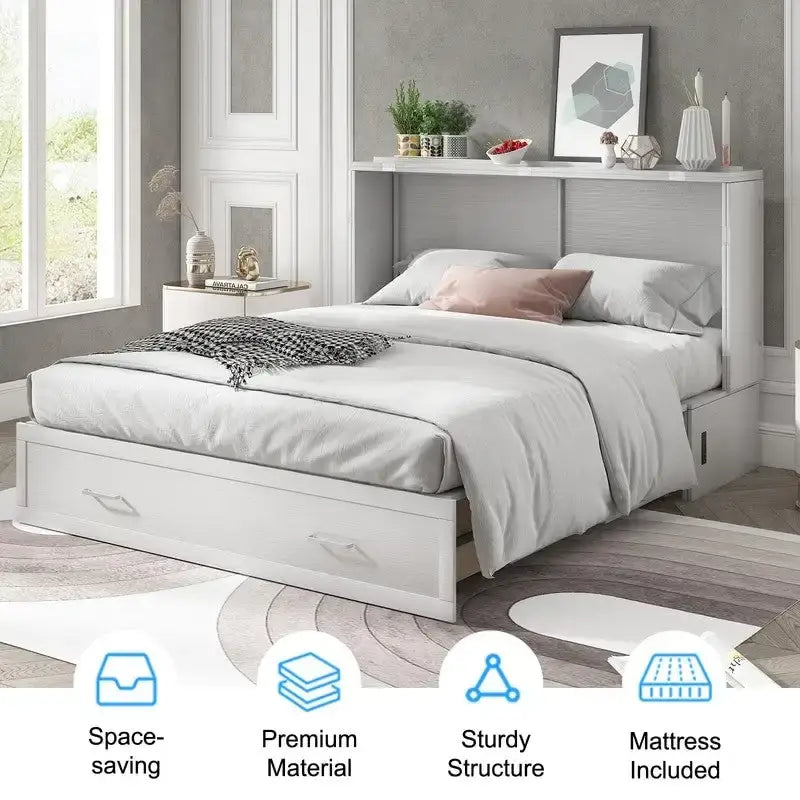 Mixoy Murphy Bed Cabinet Bed Chest with Mattress & Drawer