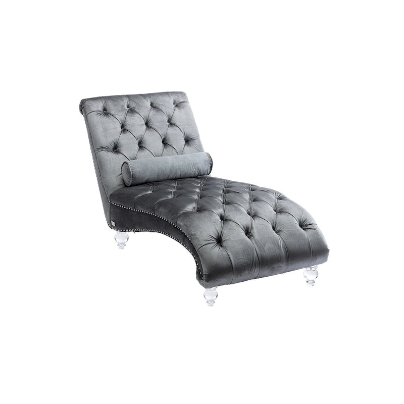 Button-Tufted Upholstered Velvet Recliner Chaise with Pillow and Acrylic Feet