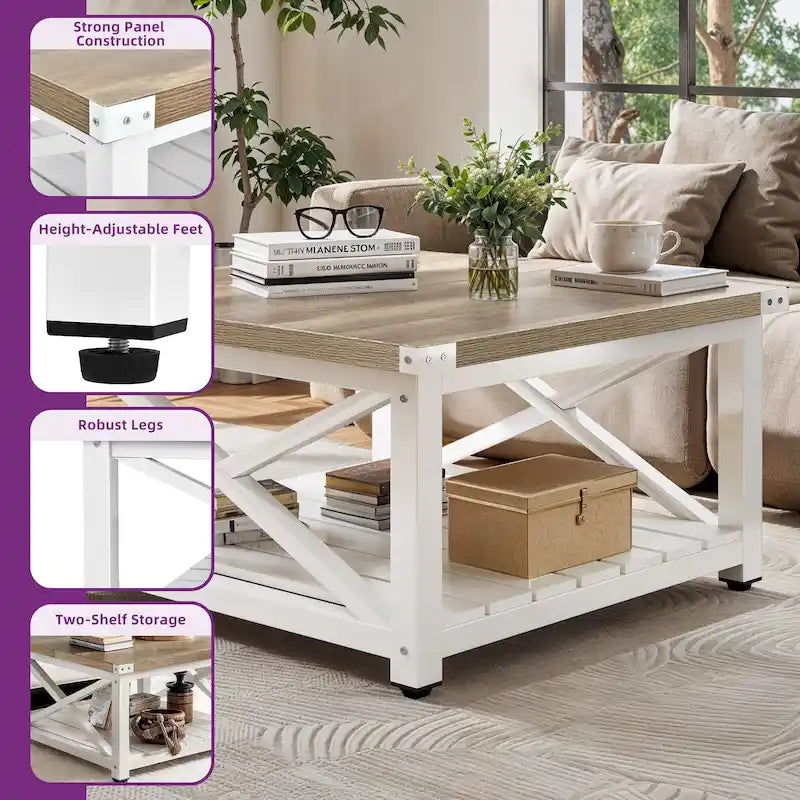 Moasis Farmhouse Square Lift Top Coffee Table with Storage Shelf for Living Room