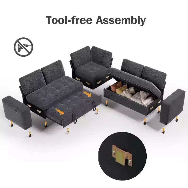 Dyonery 7-Seat Modular Sectional Sleeper Sofa with Pull-Out Bed, Reclining Backrest, USB Ports, Table, LED Lights & Storage Seats