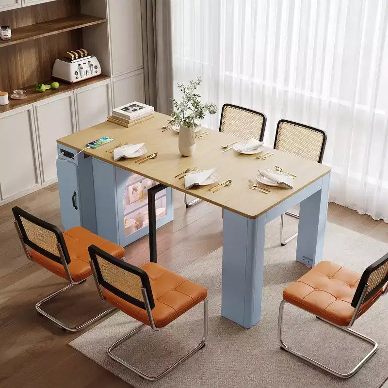 Whisen Extendable Dining Table, Mobile Rolling Island Table with 3 Removable Middle Leaves, Storage Cabinet