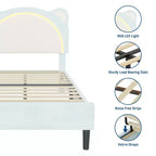 Cute Kids Bed Frame - Adjustable adorable bear design, suede upholstery, storage drawers, solid wood slats, quiet design, easy to assemble.