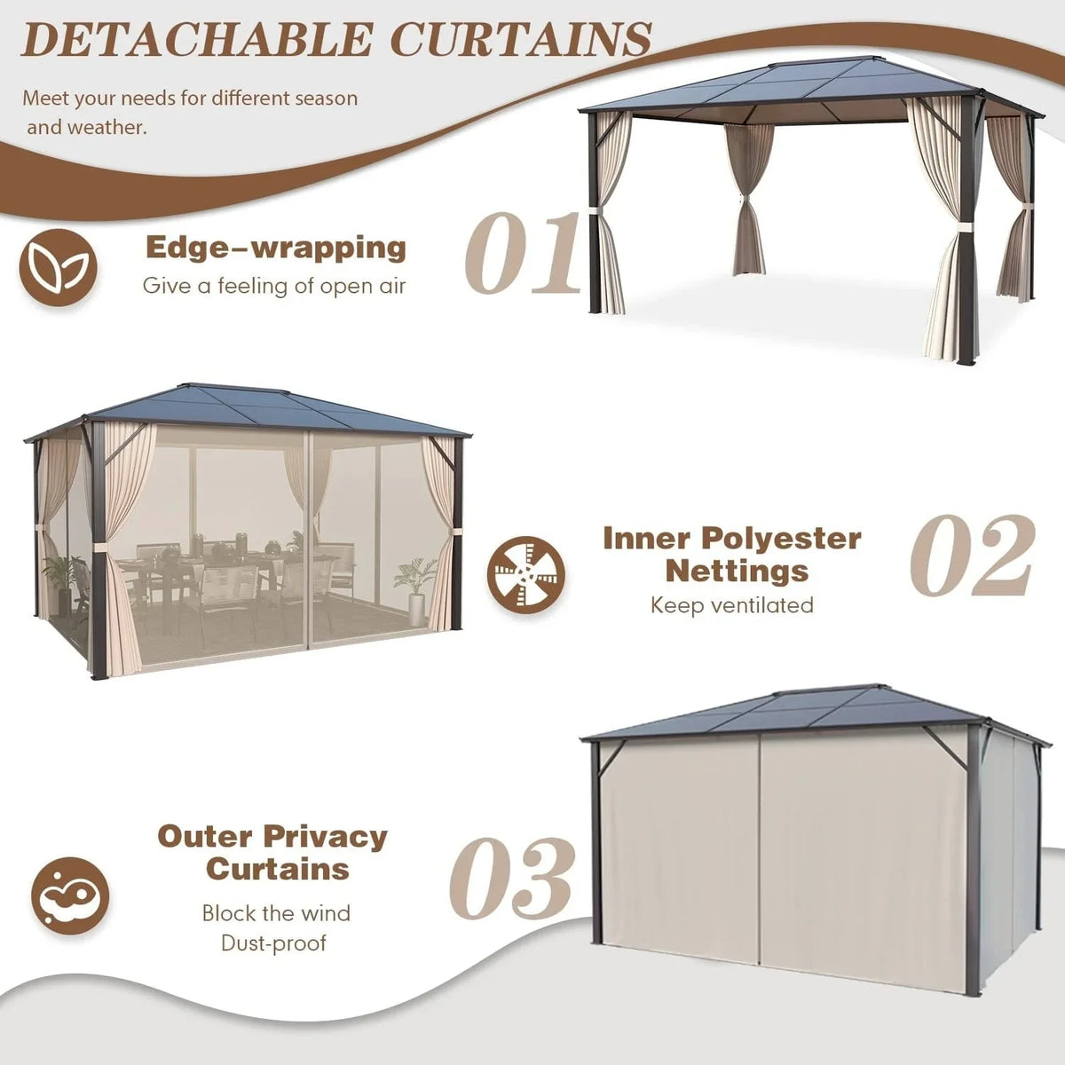 EROMMY Hardtop Gazebo,Outdoor Pergola with Double Roof & Netting & Curtains,Heavy Duty Canopy for Patio, Backyard, Pool party