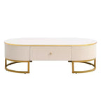 47W Modern Coffee Table Cocktail Table Center Table Accent Table with Drawers, Curved Profile Design, Gold Metal Leg, Oval, White+Gold-ModernLuxe