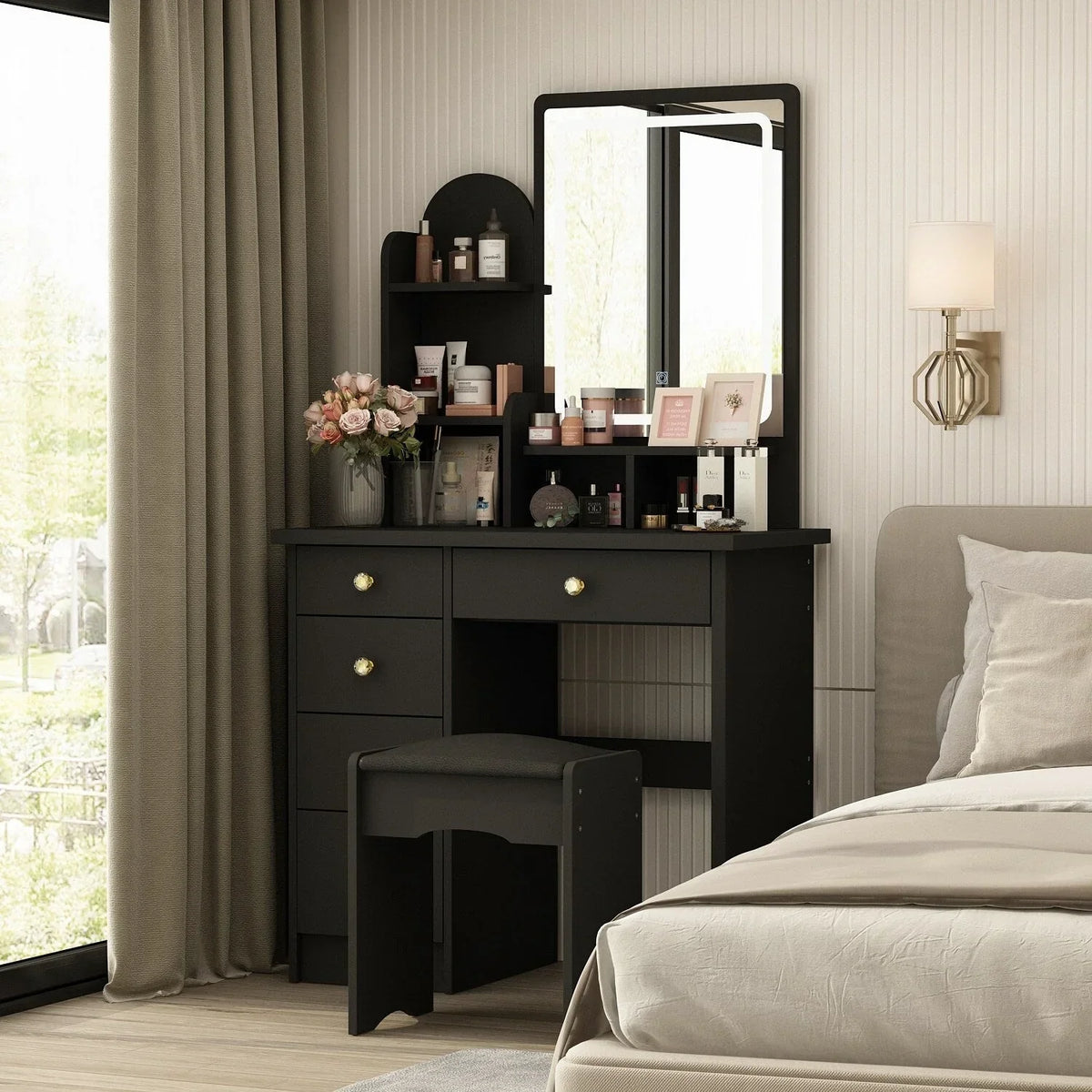 Makeup Vanity Set Table With LED Light &Mirror & Stool