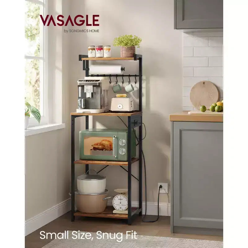 VASAGLE Kitchen Bakers Rack with Power Outlet, Coffee Bar 4-Tier with 8 S Hooks, Microwave Stand, Adjustable Shelf