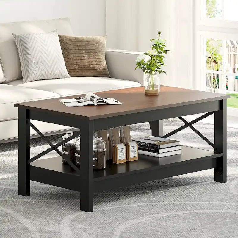 Farmhouse Coffee Table with Storage 2-Tier Center Table for Living Room
