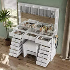 BALHAM TRADE-15 Drawers Vanity 3 Color Modes Adjustable Brightness Glass Top Vanity Desk with Stool