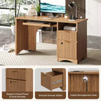 Bestier 55 Smart Computer Desk, Oak Writing Desk with File Drawers and Power Outlet, Executive Office Desk with Open Storage and Keyboard Tray