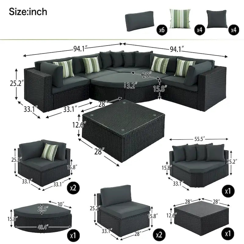 Modern 7-Piece Outdoor Wicker Sofa Set with Coffee Table, Cushions, and Striped Pillows, Suitable for Patio, Garden, Deck