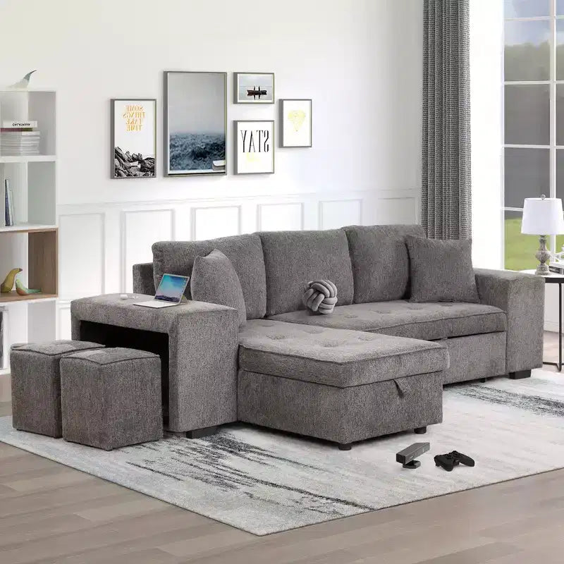 104.5 Reversible L-Shape Sleeper Sectional with Storage Chaise & 2 Stools - Convertible 3-Seat Sofa Bed for Living Room
