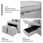 104.5 Reversible L-Shape Sleeper Sectional with Storage Chaise & 2 Stools - Convertible 3-Seat Sofa Bed for Living Room