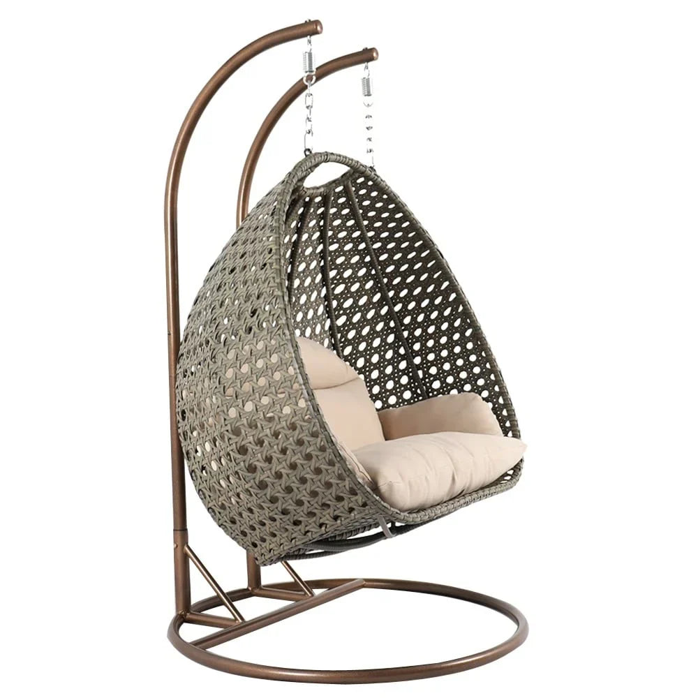 LeisureMod 2 Person Hanging Egg Chair with Stand - Outdoor/Indoor Rattan Wicker Patio Swing Hammock Lounger with Cushions