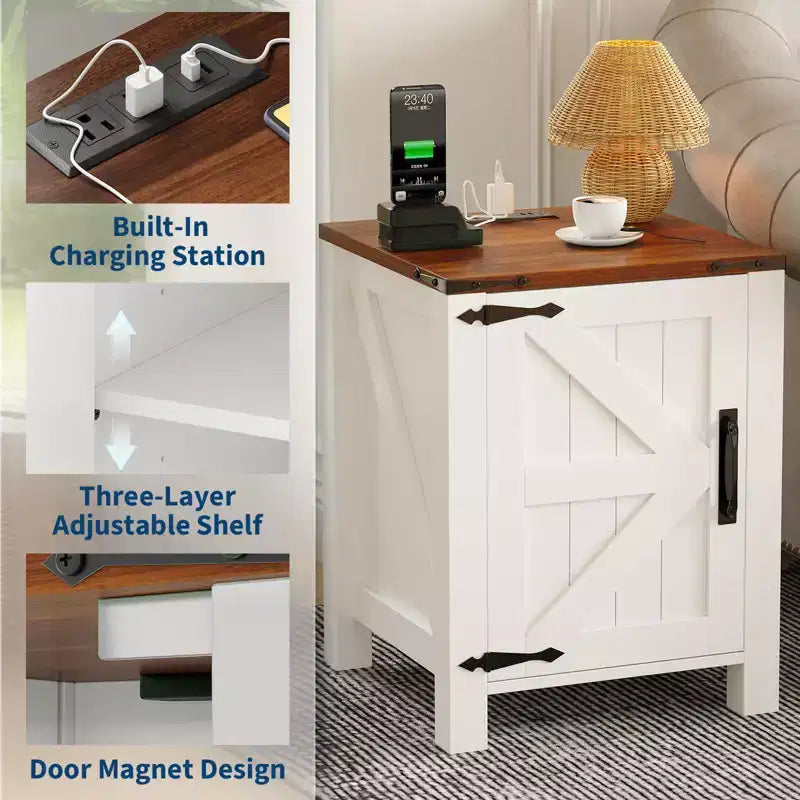 2Pcs Farmhouse Nightstand with Charging Station, Rustic Barn Door Bedside Table with Adjustable Shelf, Small End Table for Bedroom and Living Room