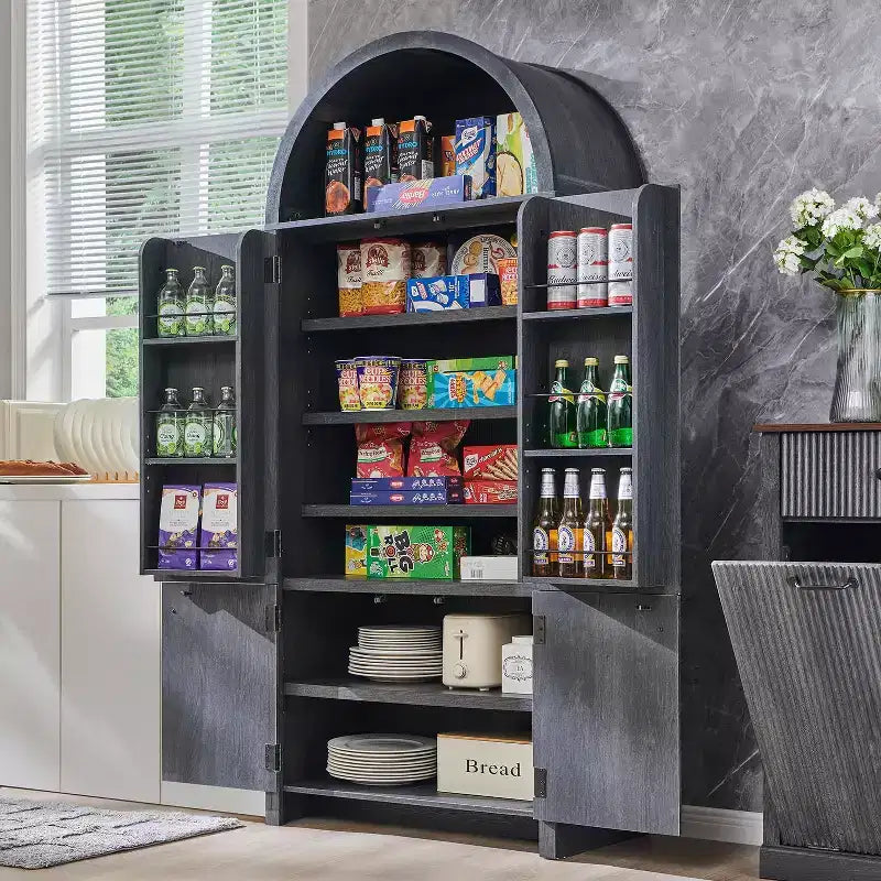 71 Tall Arched Kitchen Pantry, Modern Storage Cabinet with 3 Adjustable Shelves, 6 Door Shelves, for Kitchen, Living Room