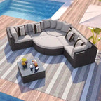 Modern 7-Piece Outdoor Wicker Sofa Set with Coffee Table, Cushions, and Striped Pillows, Suitable for Patio, Garden, Deck