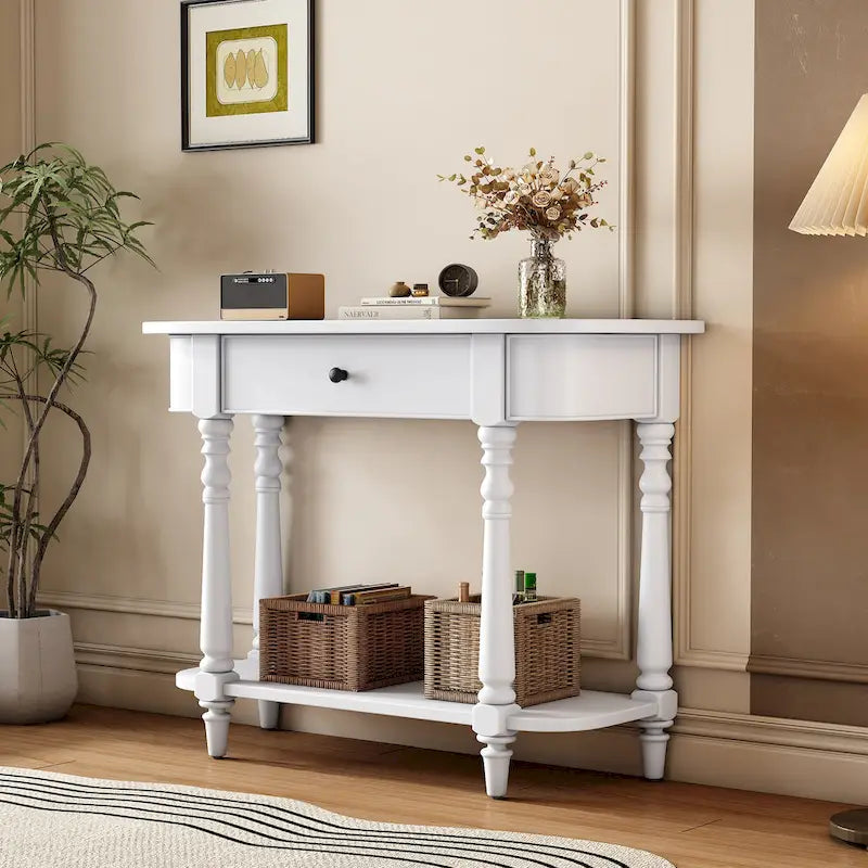Retro Narrow Console Table with Curved Corner, Top Drawer & Open Shelf
