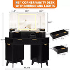 47 Corner Makeup Vanity Desk with Mirror and Light, Wooden Dressing Table with Glass Top & Charging Station, Makeup Vanity Table for Bedroom