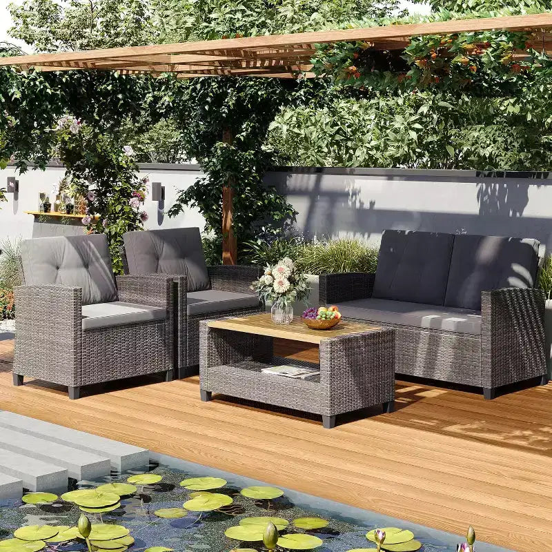 Heynemo 4-Piece Patio Furniture Set, All Weather Wicker Patio Conversation Seating Sets with 2-Tier Coffee Table, Outdoor Sofa Couch