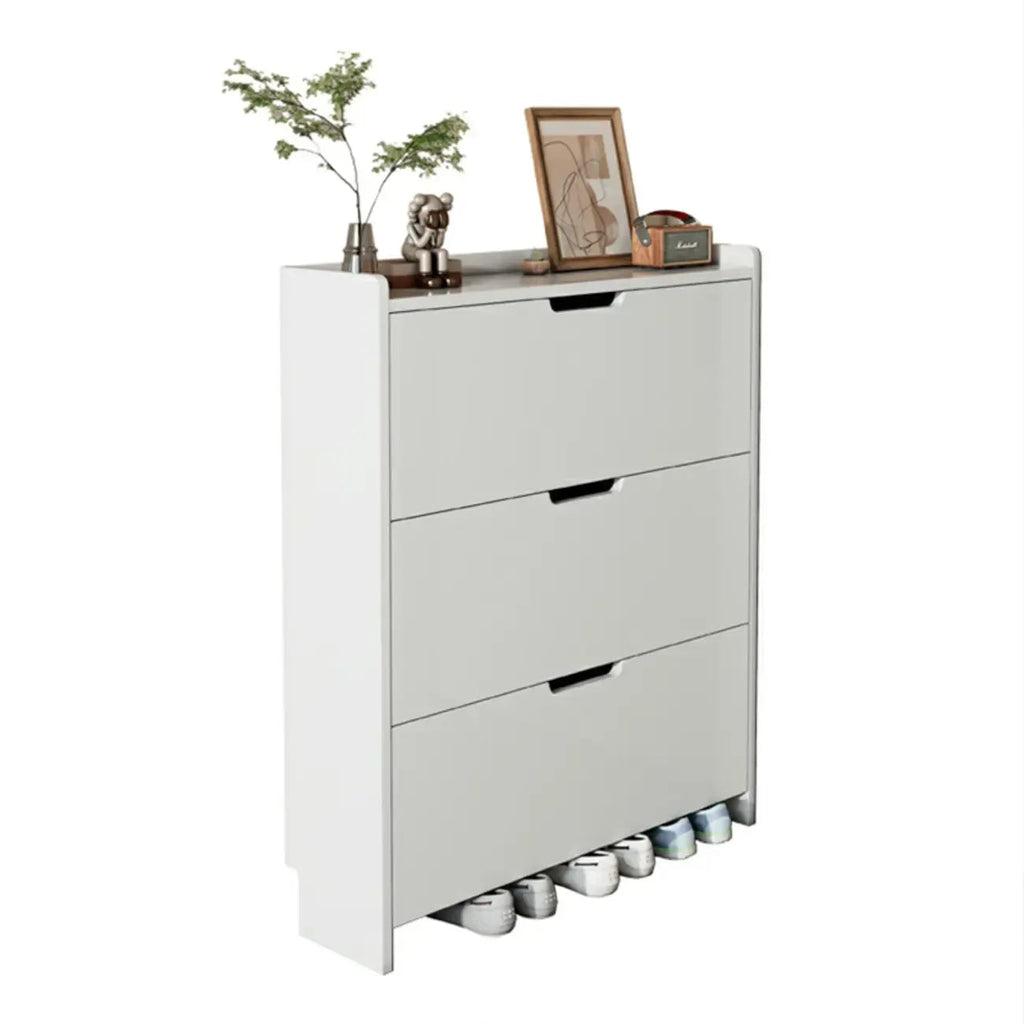 3-Tier White Wood Shoe Cabinet with Drop Front