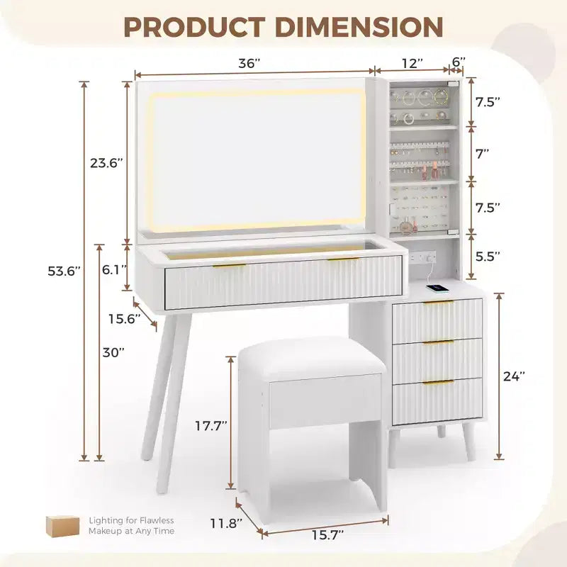 48 Fluted Makeup Vanity Desk with Mirror & LED Lights, Charging Station, Cushioned Storage Stool for Bedroom