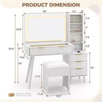 48 Fluted Makeup Vanity Desk with Mirror & LED Lights, Charging Station, Cushioned Storage Stool for Bedroom