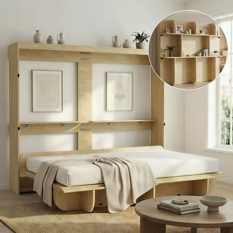 2-in-1 Invisible Murphy Bed with Shelf Storage, Queen Size, Natural Wood (Mattress Not Included)