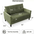 Dyonery 50 Loveseat Sofa, 2-Seater Love Seat for Office & Small Spaces, 24 Deep Seat, FSC Solid Wood Frame, Tool-Free Assembly