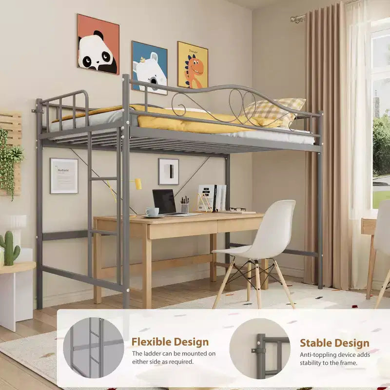 Loft Bed Twin Size with Removable Ladder & Full Safety Guardrail, Twin Loft Bed Heavy-Duty Metal Frame 400 Lbs Weight Capacity, Space Saving