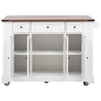 Kitchen Island w/Drop Leaf, 3 Drawers & 5 Open Side Racks, Rolling Kitchen Cart w/ 2 Tempered Glass Cabinet Doors & Power Outlet
