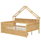 Full Size House Bed Frame with Drawers, House Platform Bed with LED Lights, Storage Shelves & Drawers, Wood Daybed with Roof and Guardrail