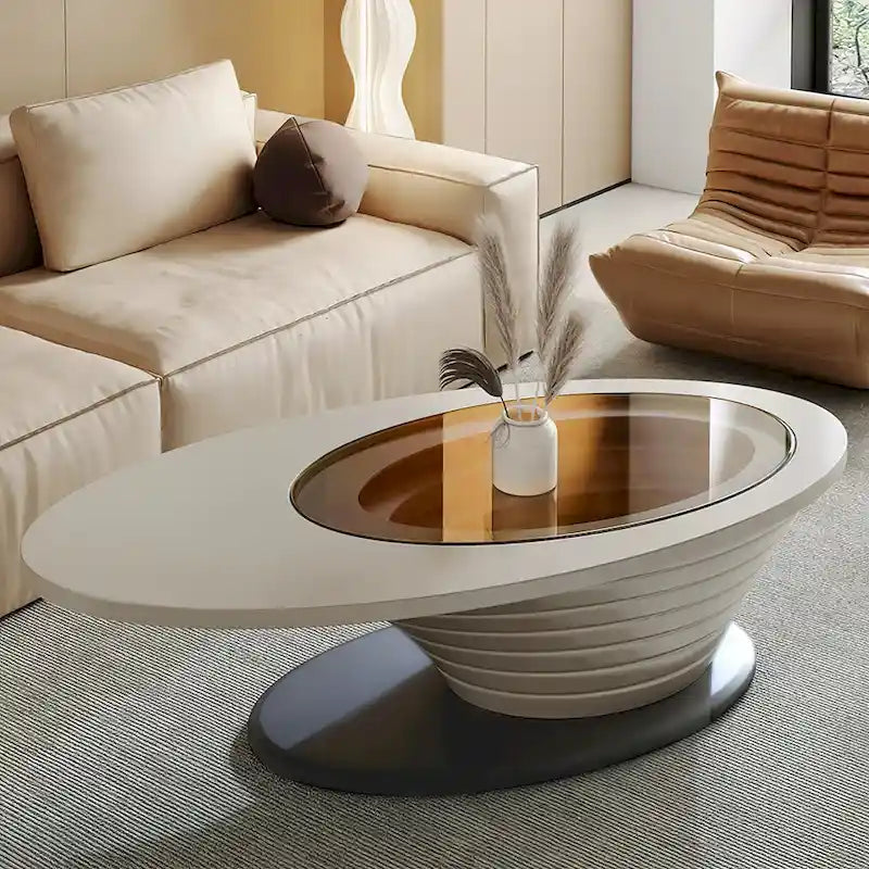 Light Luxury Modern Minimalist Oval Glass Tabletop Coffee Table Gray Base 51 in. - L 51.18W 25.59H 14.37