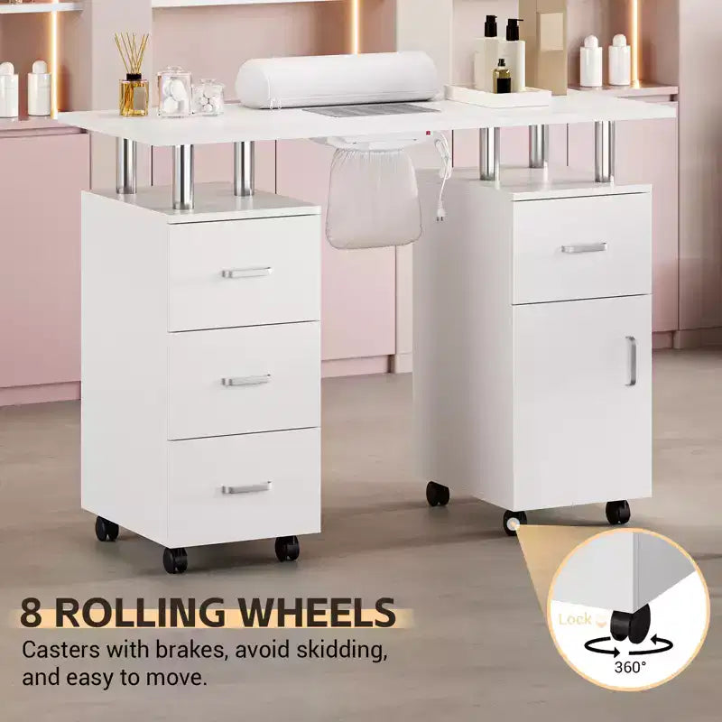 Manicure Table Nail Desk Station with Dust Collector, Locking Castors, Wrist Cushion & Storage for Home, Nail Tech & Beauty Salon