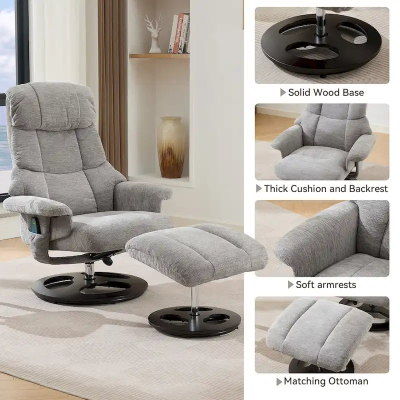 Chenille 360 Swivel Massage Recliner Chair with Ottoman, Massage and Heated Seat