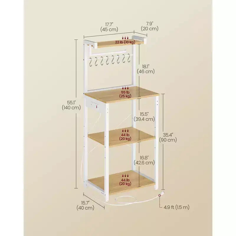 VASAGLE Kitchen Bakers Rack with Power Outlet, Coffee Bar 4-Tier with 8 S Hooks, Microwave Stand, Adjustable Shelf