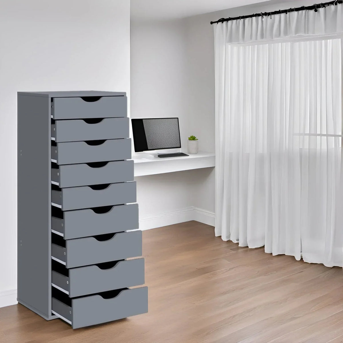 Narrow Wooden 9-Drawer Cabinet with Smooth-Glide Drawers and Top Storage Shelf