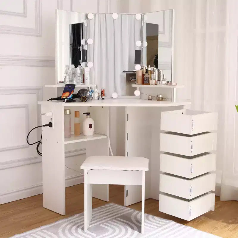 Corner Makeup Vanity Desk with Lights, Dressing Table with Power Outlet and Rotating Drawers for Bedroom