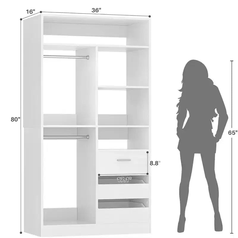 Closet Organizer with Wood Drawers, Freestanding Closet System with Hanging Rods