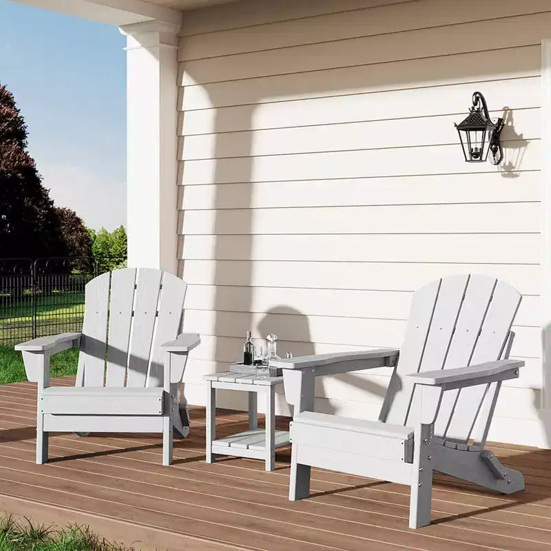 Folding Adirondack Chairs Set of 2 with Side Table, HDPE Plastic Wood Texture, 380lbs Capacity,Weather Resistant Outdoor Set for Patio, Deck,Fire Pit