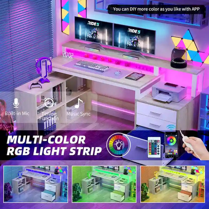 65 L-Shaped Corner Desk with RGB LED, Monitor Stand & Storage Cabinet â€?1-Person | White / Oak / Charcoal Grey / Black
