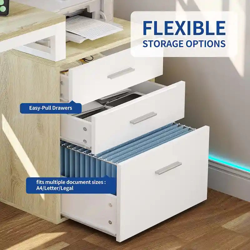 65 L-Shaped Corner Desk with RGB LED, Monitor Stand & Storage Cabinet â€?1-Person | White / Oak / Charcoal Grey / Black