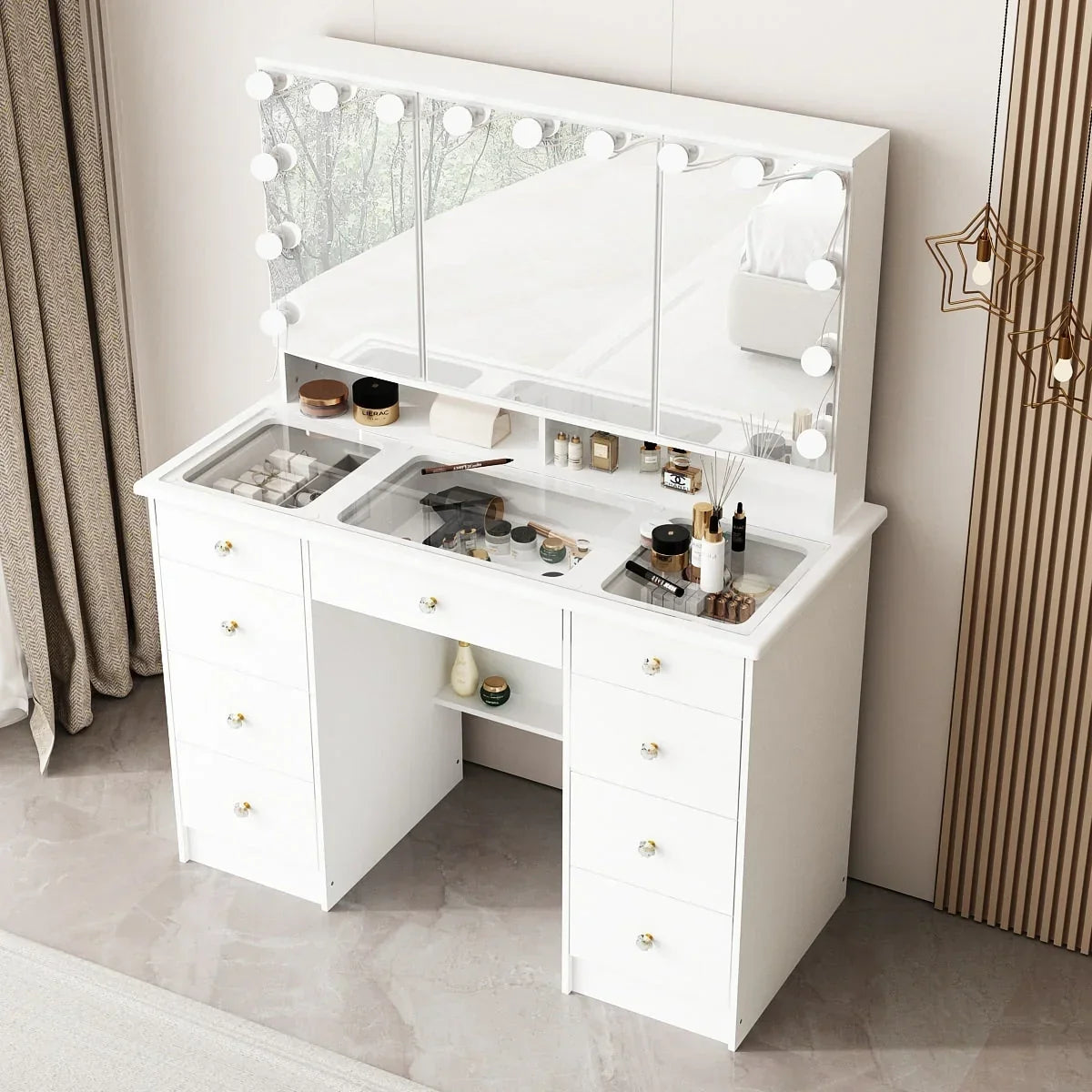 Makeup Vanity w/Tri-Fold Mirror Certified Lighting Glass Top Dresser