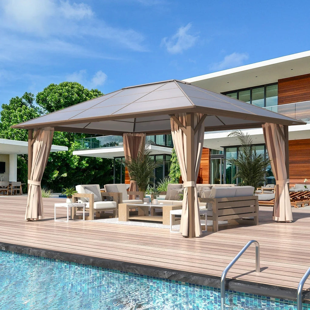 EROMMY Hardtop Gazebo,Outdoor Pergola with Double Roof & Netting & Curtains,Heavy Duty Canopy for Patio, Backyard, Pool party